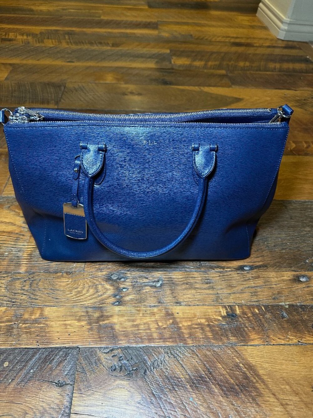 Lauren Ralph Lauren Newbury Double Zip Satchel Bag in Blue Saffiano Leather